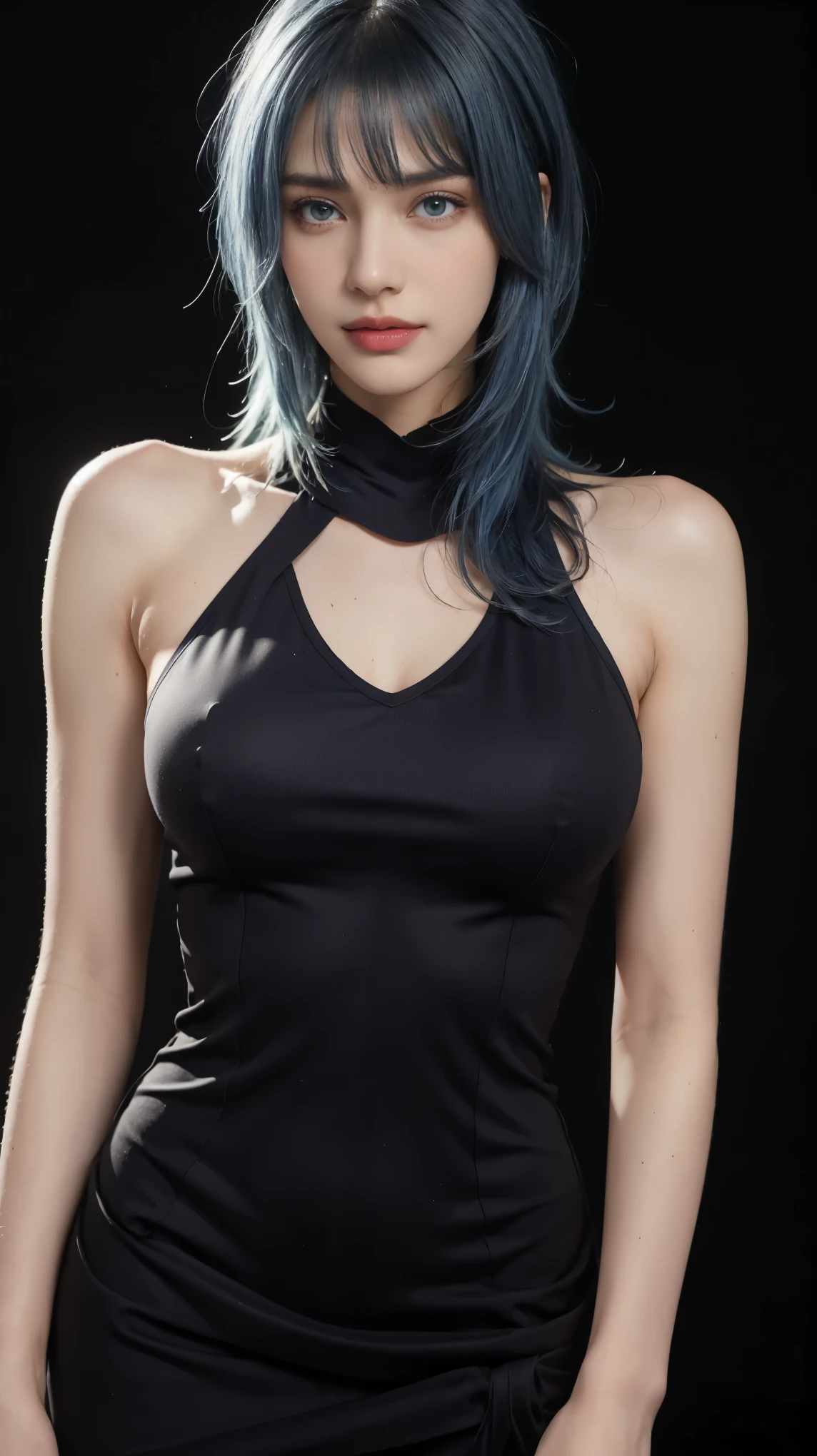 8K, Top Quality, Intricate Details, Ultra Detail, Ultra High Resolution, Masterpiece, close up shot, face shot, close up shot, portrait, face shot, passport shot, very close up shot, (( from above shot ,shot from below, below shot, )), (full body: 1.1), Slender, Smile, ((smirk)) (Makeup: 0.4), ((,)), (Fluffy blue Eyes: 1.21), (()), 1girl, solo, 1 girl, ((blue hair, short hair ,bangs, blue hair, bangs, long hair, bangs, messy hair, blue hair )), close up shot, , ((tall)), (((fit body))), (((slim face))), sharp face, ((, wind blow hair,  )) , (detailed face), sharp face, small lips, , ((, maxi dress, skin tight dress)), spread legs , ((spread legs)), spread legs, detailed face, detailed breast, , (()), detail ass, Narrow Waist, Skinny, tall , 175 cm tall, Muscular, Navel, Exposed Abdomen, Pointed Chest,, Beautiful girl with accentuated slender abs: 1.4, Six Pack Abs: 1.4, Bust Botox, Big, Perfect Body, detail leg, (( dark background)), black background,