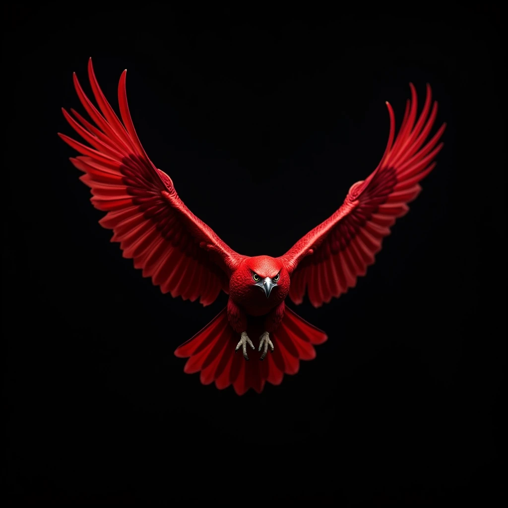 a giant red bird flying in a black scene