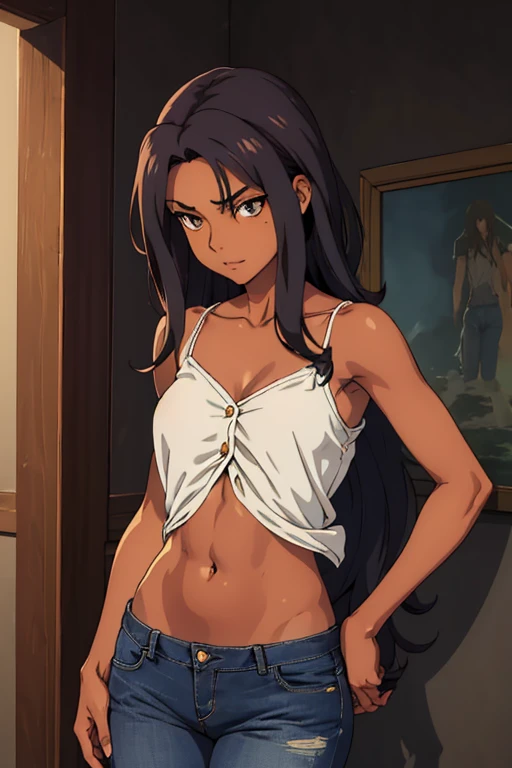 ((masterpiece)), (detailed), dark tanned skin anime woman in a deep V-neck button-up cami top, (jeans), (long hair), starving, (resting hands on the stomach), (hands on the stomach), (slim body), resting hands on top of the tummy