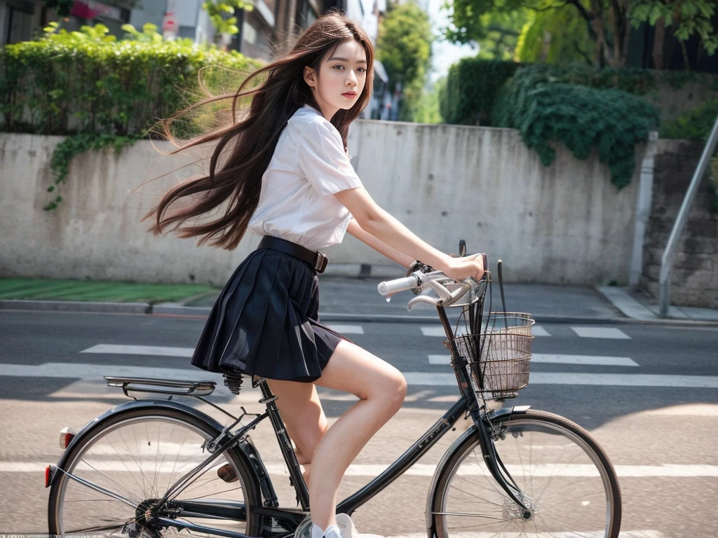 perfect bodies: 1.1, Extremely detailed CG 8k wallpaper, Extremely refined and beautiful, masterpiece,best qualtiy:1.0,Ultra-high resolution:1.0,A high resolution,Smooth and flawless fair skin,ultra - detailed , medium breasts:1.1,Black tight torn mini skirt:1.4, white short-sleeve button up shirt:1.2, brown suede belt:1.2, on road:1.4,full body shot, black long messy straight hair, detailed face, white sneakers:1.2, perfect body proportions:1.2, thai university uniform, super-realistic, serious face:1.4, riding bicycle very fast:1.4, motion blur, depth of field, emphasize breast hip thigh: 1.4, sweat on face:1.4, blow hair, speed, from side