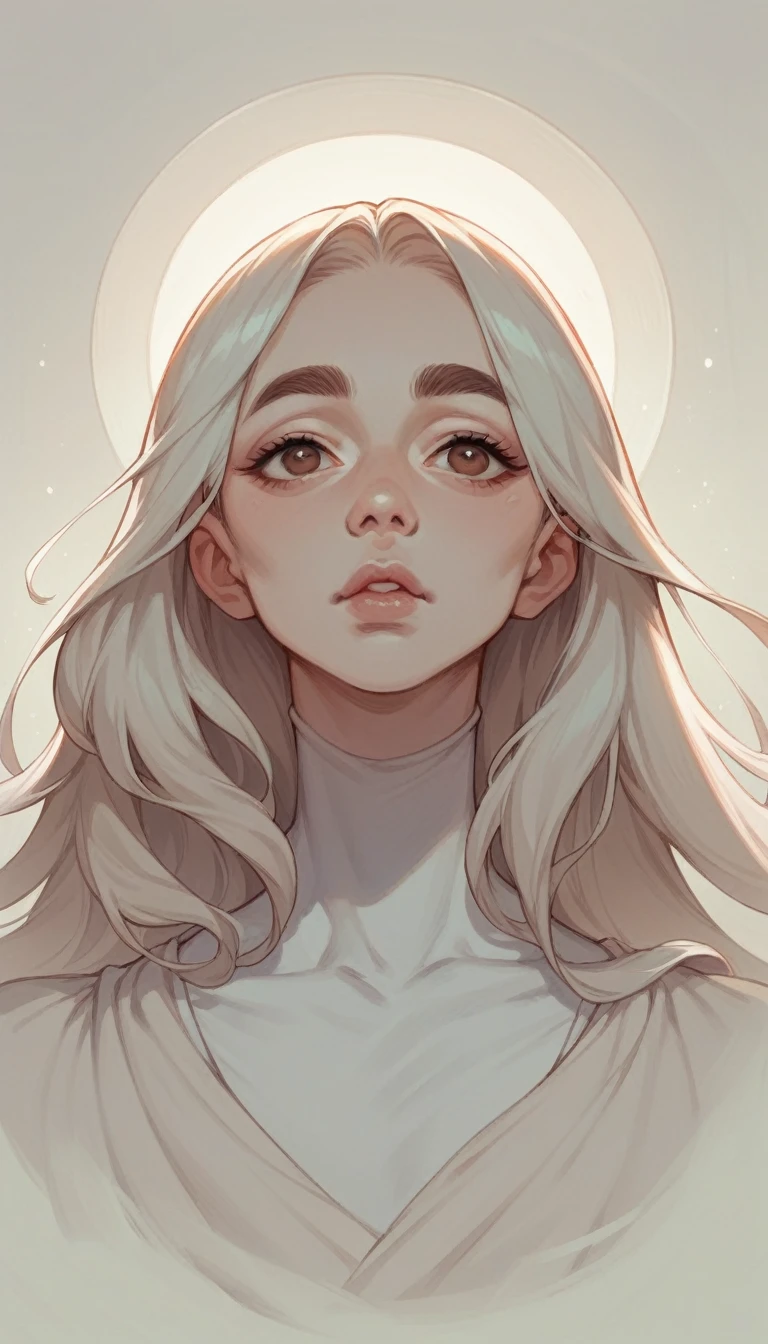 female character, oval face, slightly curved medium eyebrows, large oval brown eyes, straight small snub nose, normal medium lips, small chin, white long hair