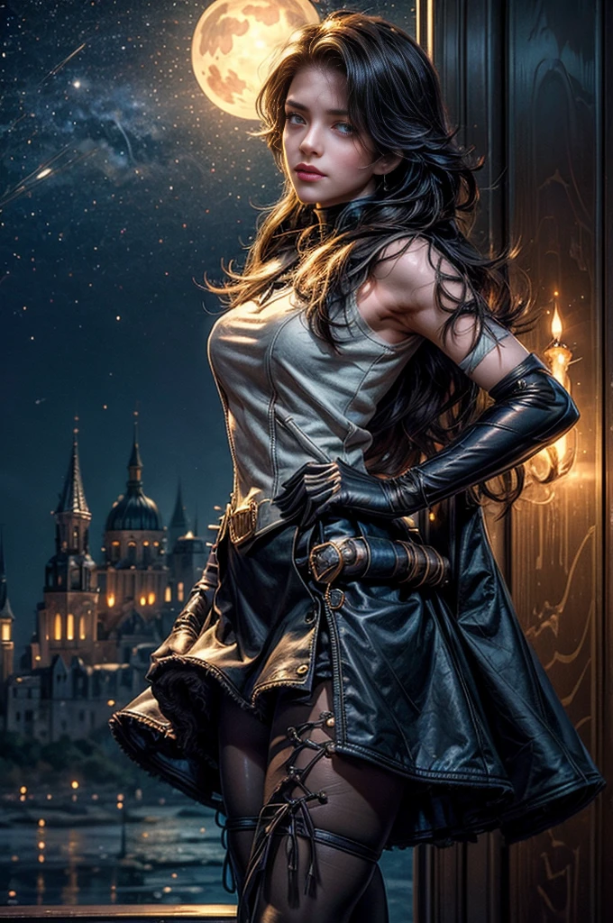(masterpiece, best quality:1.2), cowboy shot, solo, 1girl, cinder fall, looking at viewer, long hair, t-shirt, white skirt, sleeveless jacket, elbow gloves, pantyhose, holding flames, inside gothic castle, conference room, high ceiling, crowd, night, stars, moon (volumetric lighting), sharp focus, hyper detailed 