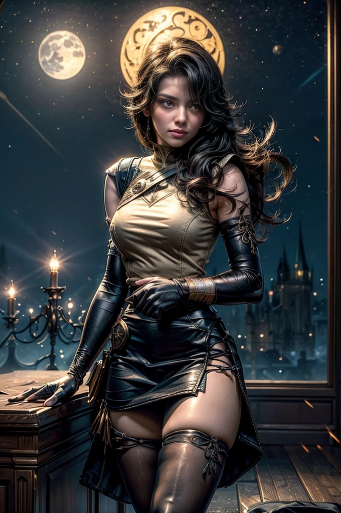 (masterpiece, best quality:1.2), cowboy shot, solo, 1girl, cinder fall, looking at viewer, long hair, t-shirt, white skirt, sleeveless jacket, elbow gloves, pantyhose, holding flames, inside gothic castle, conference room, high ceiling, crowd, night, stars, moon (volumetric lighting), sharp focus, hyper detailed 