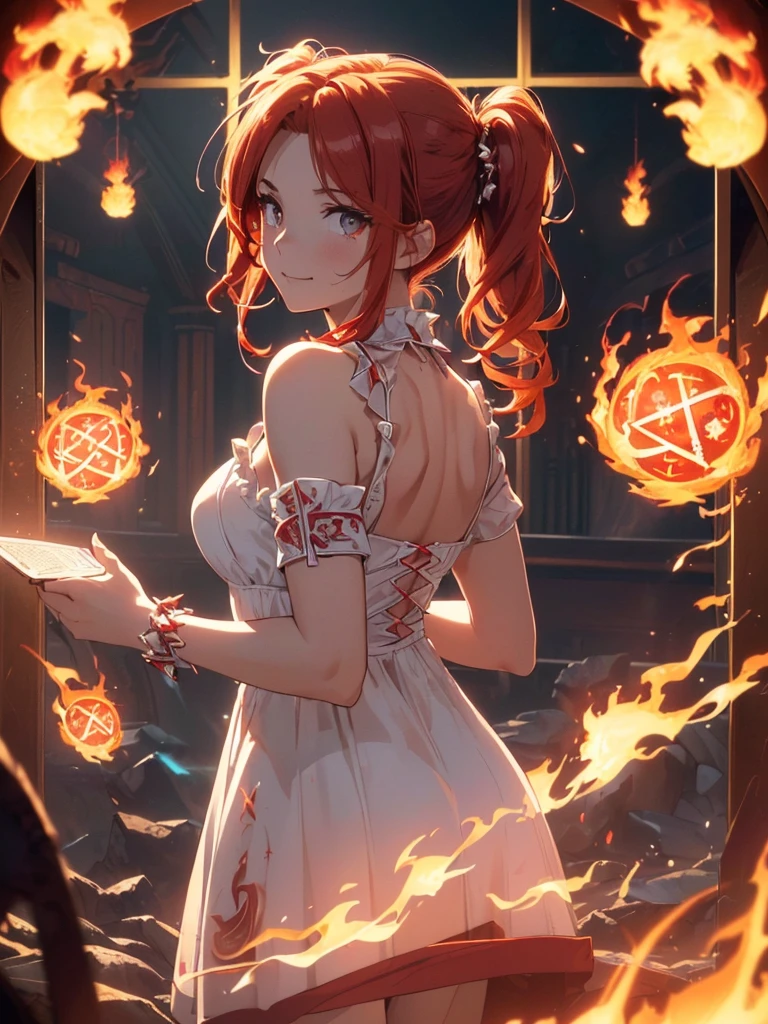 (((best quality, sharp image, clear image, cinematic lighting, 8k resolution, masterpiece, ultra detailed, intricate))) Girl, (((looking over right shoulder))), (shot from behind), ((half shot)), fiery red hair, pigtails, ((white dress)), ((flaming sigils, flaming runes)), spiky rock formations, (flaming lotus flowers frame), (intricate background), ((Phoenix)), (swirling flames), smiling