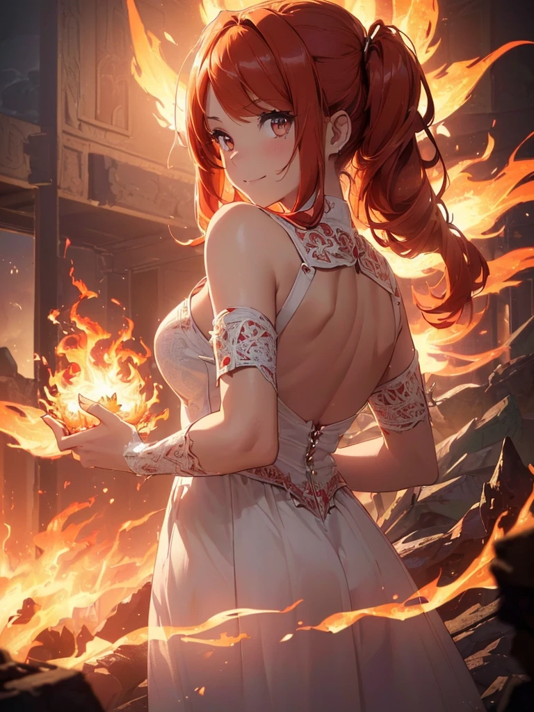 (((best quality, sharp image, clear image, cinematic lighting, 8k resolution, masterpiece, ultra detailed, intricate))) Girl, (((looking over right shoulder))), (shot from behind), ((half shot)), fiery red hair, pigtails, ((white dress)), ((flaming sigils, flaming runes)), spiky rock formations, (flaming lotus flowers frame), (intricate background), ((Phoenix)), (swirling flames), smiling
