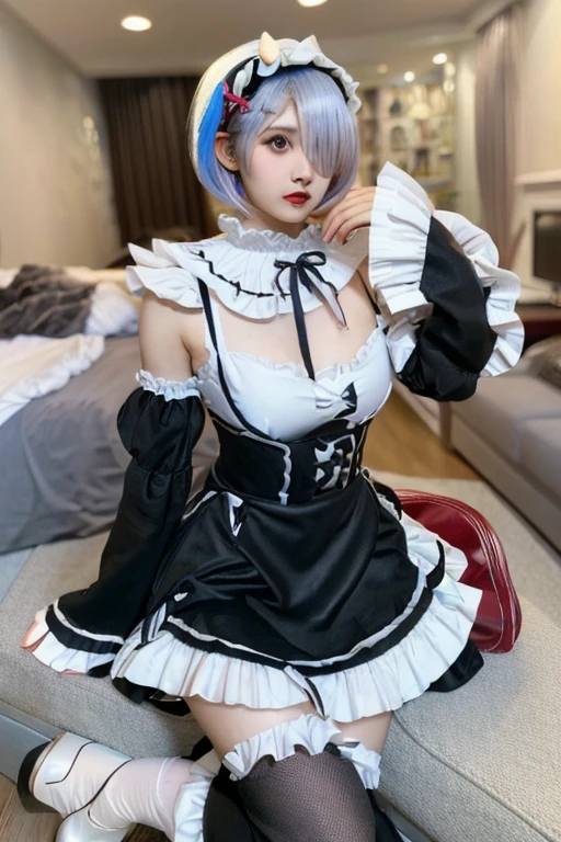 (8k, Realistic, RAW Photos, Highest quality: 1.4),A Japanese idol-like beautiful girl,model,1 person,18-year-old,(Short Bob),(Silver Hair :1.1),She has her hair tucked behind her ear,head band,Transparent grey eyes,Long eyelashes,(eye shadow(black)),eyeliner((black)),(Earrings(small)),(pale, Lifeless skin(Foundation)),(Lip gloss(scarlet :1.1)),thin long neck,Large Breasts,(Lace gloves(black)),(Gothic dress(Frills,Puffy long skirt :1.3)),(layer),(Fishnet tights),(Lace-up platform shoes),Sitting in a chair,(Legs in a V-shape),(A room background with Gothic-style heavy stone stained glass),Full body portrait