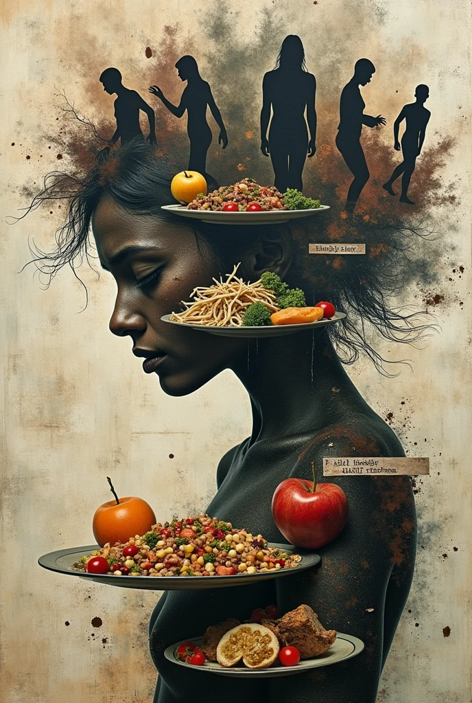 Collage about eating disorders, in which the images overlap, as if they were glued one on top of the other