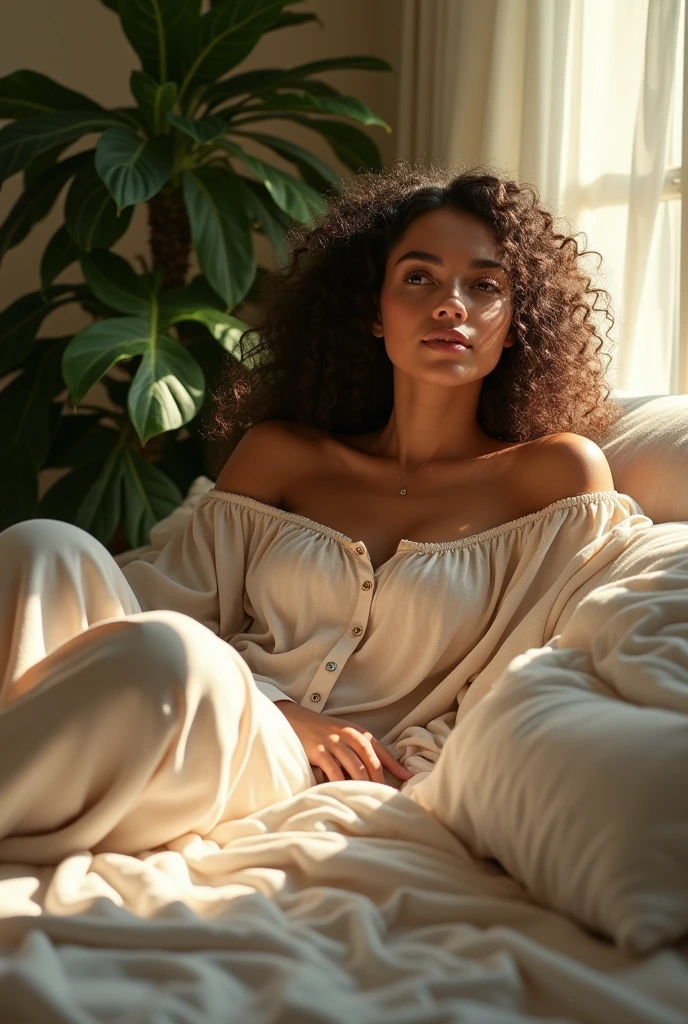 (photorealism:1.2), beautiful woman, sitting on bed, wearing loose off-shoulder top, pajama pants, long curly hair, indoors, soft lighting, plants in background, window with sunlight, cozy room, relaxed pose, realistic, intricate details, warm colors, by Greg Rutkowski, by Alphonse Mucha