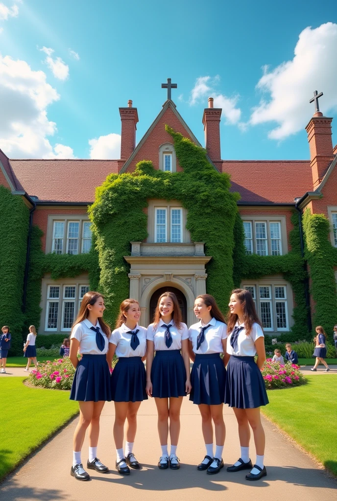 school girls standing Infront of a school with a school uniform