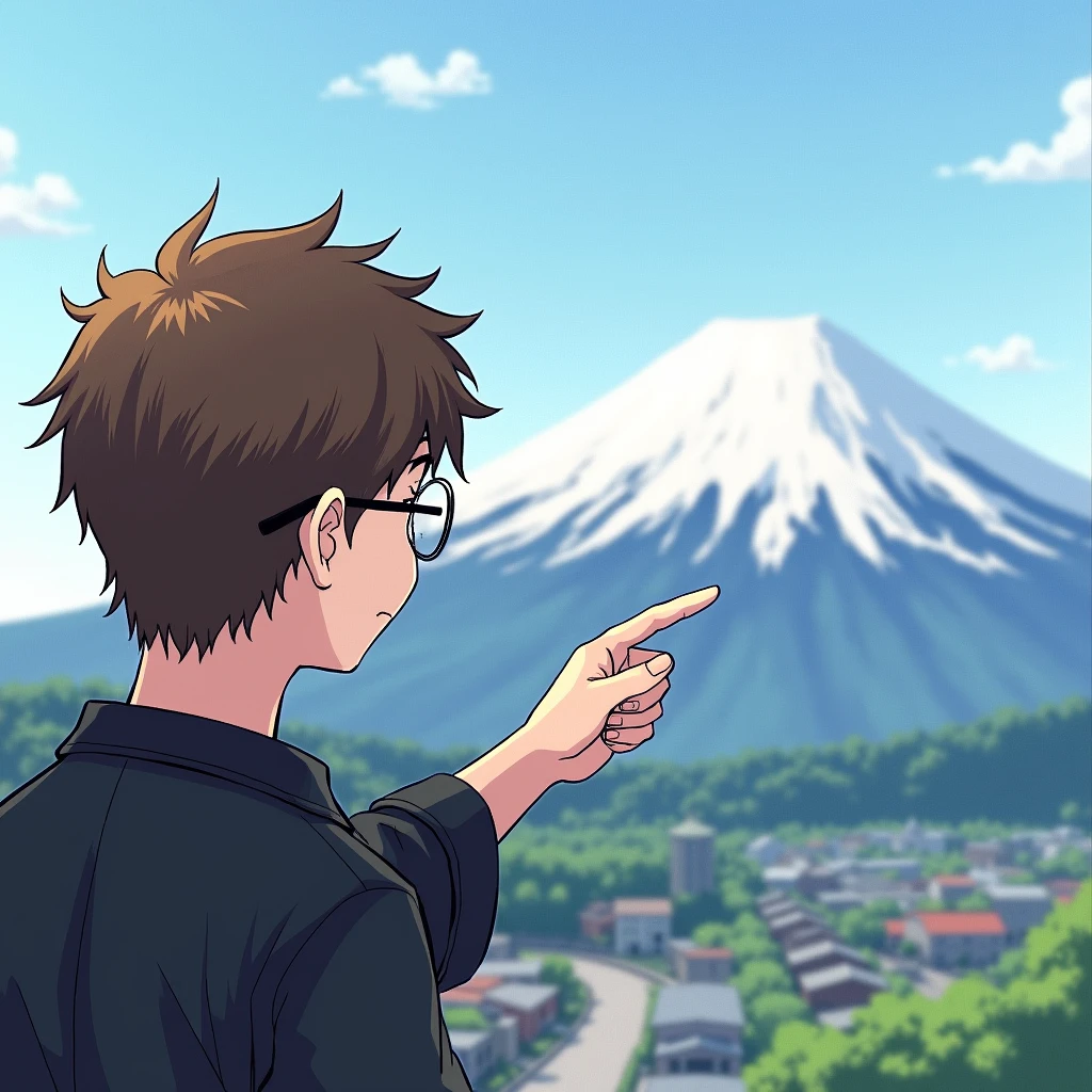 A male character wearing round glasses, brown hair, and a black shirt, is facing away from the camera but his face is turned towards the camera and he is pointing at Mount Fuji. Manga.