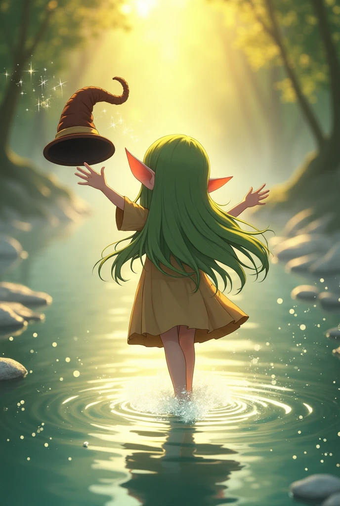an elf is danzing or like running
on the water you can only see them from behind and its a straight view (very important)
its an anime style and elf is alao throwing a hat (can be magical or something) the elf is a bit more playful
its also morning and there its a bit cloggy