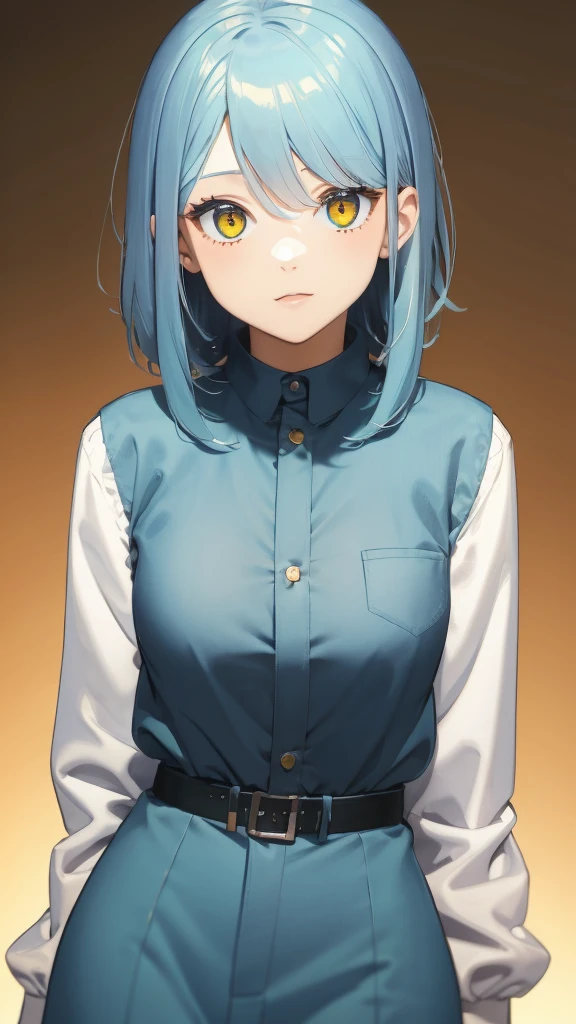 1girl, light blue hair, medium hair, yellow eye