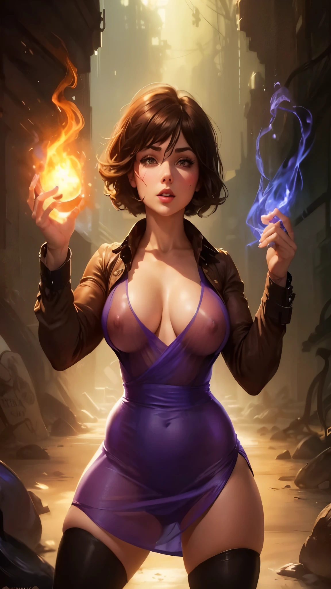 Curvy Elizabeth, huge boobs, huge hips, (BioShock style), face detailing, ultra quality, (blue purple light), ((dark brown shirt mini dress, see through)), ((see through)), jacket, belts, face detailing, ultra quality, stockings, ((huge nipple)), ((strong stance sitting)), no panties, in catacombs, (ahegao)