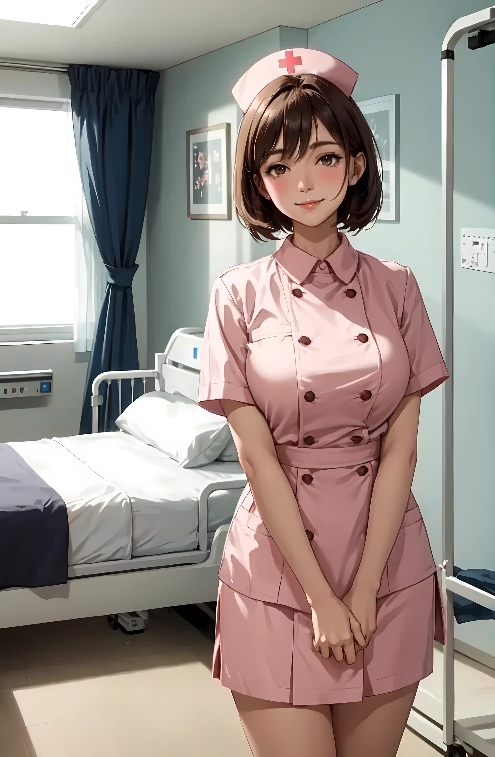 1lady standing next to the bed, nurse, /(nurse uniform/), /(brown short hair/), blush kind smile, (masterpiece best quality:1.3) delicate illustration ultra-detailed, large breasts BREAK /(hospital patient room/) patient's bed /(window tree/)