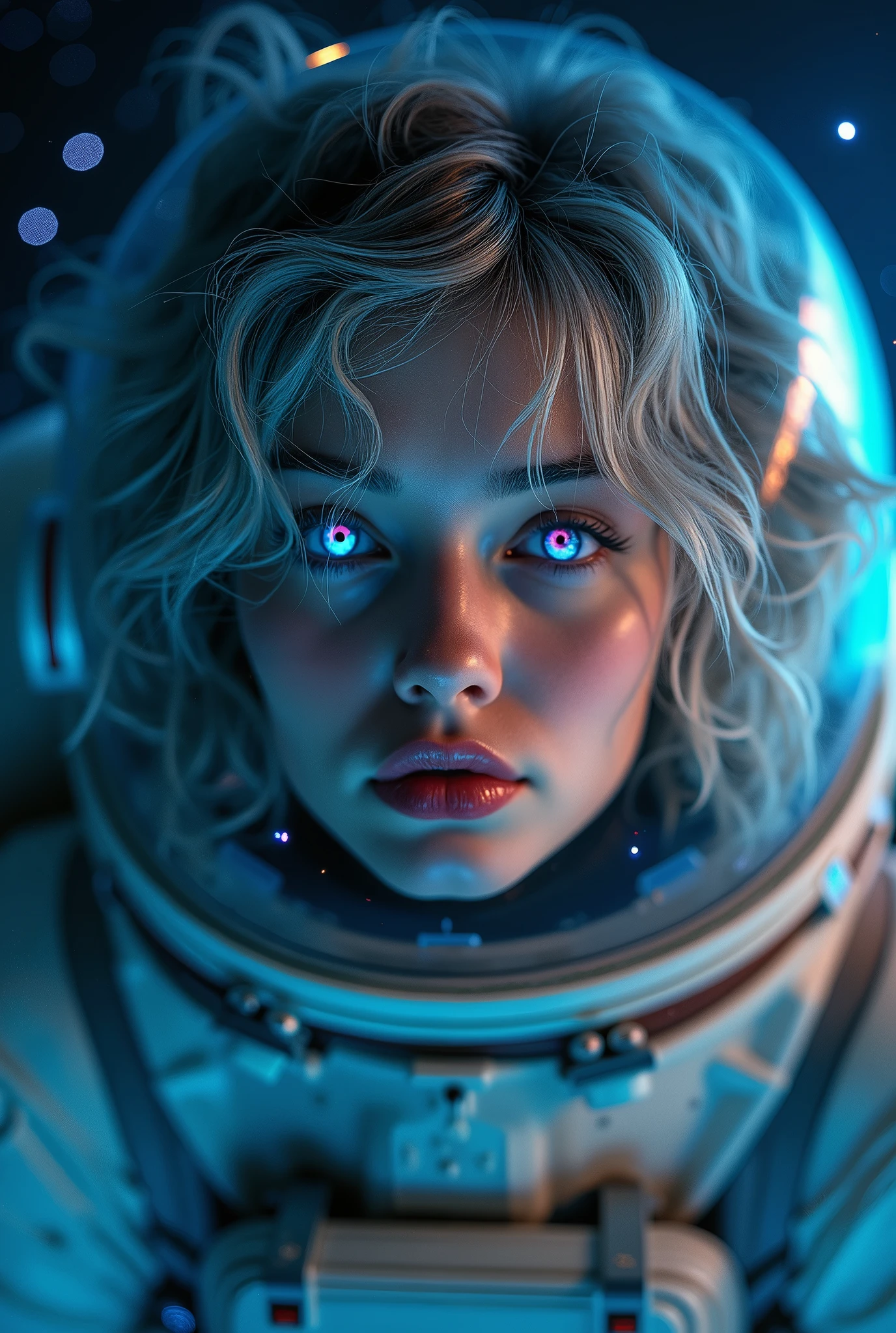 (Close-up of a better masterpiece:1.5)0.9], (Space and astronauts:1.2) (Messy silver hair:1.1) (Heterochromia xanthochromia and blue eyes:1.2) (Space Helmet:1.0) (Colored stars in the eyes:1.0) (A radiant glow:1.1) (thick lips:0.9)