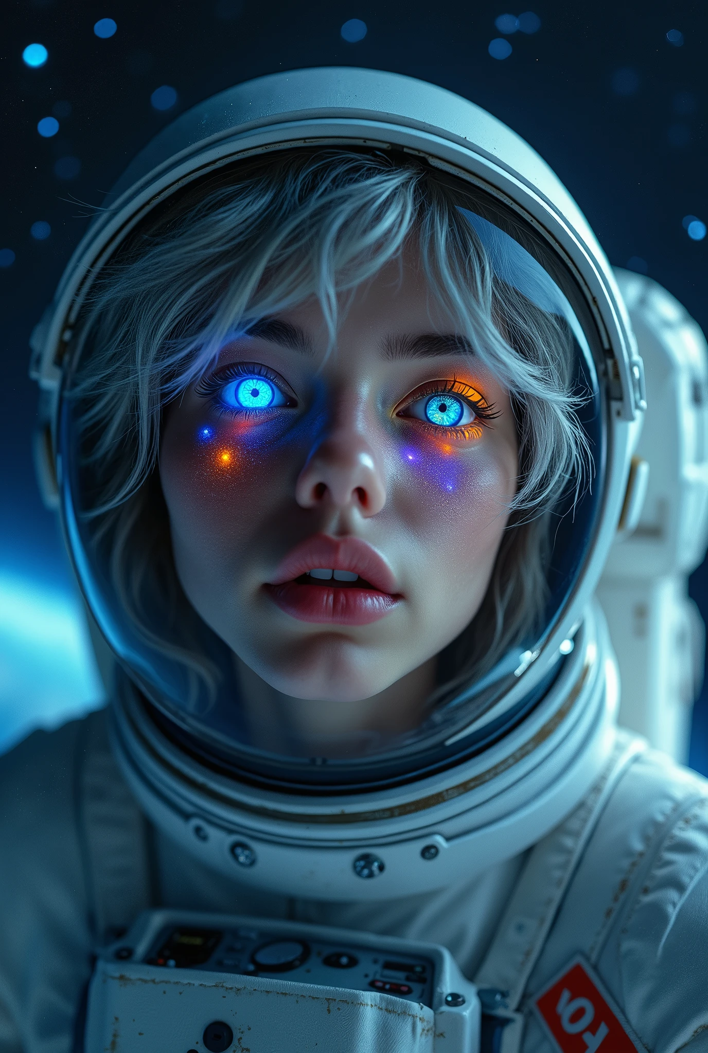 (Close-up of a better masterpiece:1.5)0.9], (Space and astronauts:1.2) (Messy silver hair:1.1) (Heterochromia xanthochromia and blue eyes:1.2) (Space Helmet:1.0) (Colored stars in the eyes:1.0) (A radiant glow:1.1) (thick lips:0.9)