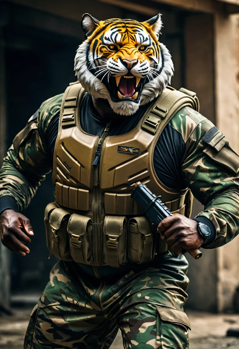 (a dark-skinned fat muscular old man in a bulky army camouflage zipper diver suit) carrying an AK-47, (wearing realistic roaring tiger mask), dynamic action pose, fierce expression, showcasing an imposing stature, surrounded by military elements, dramatic shadows and intense highlights, cinematic color tones, high detail, powerful, art influenced by Bruce Onobrakpeya and Stanley Artgerm, ultra-detailed, best quality image, action-packed atmosphere. fighting stance
