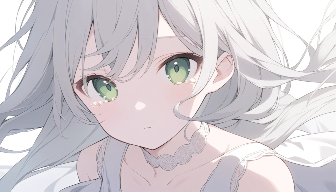Pale gray hair　Slightly bluish, Dark green eyes　Eyes wide open　White choker　Expressionless　 Tears running down my cheeks　Looking into the camera　A white dress with thin white lace　A little free time　Flowing Tears
