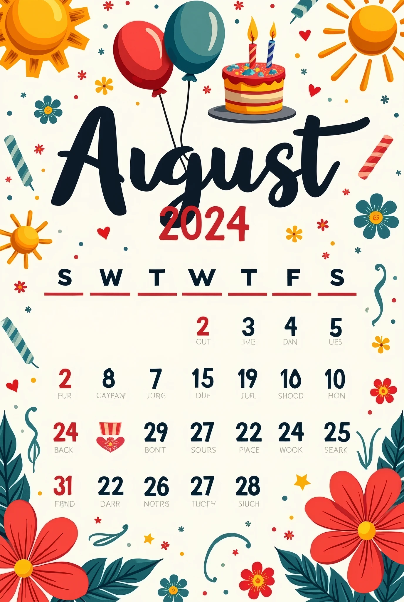 make a calendar for August 2024 where is 21th august is birthday.