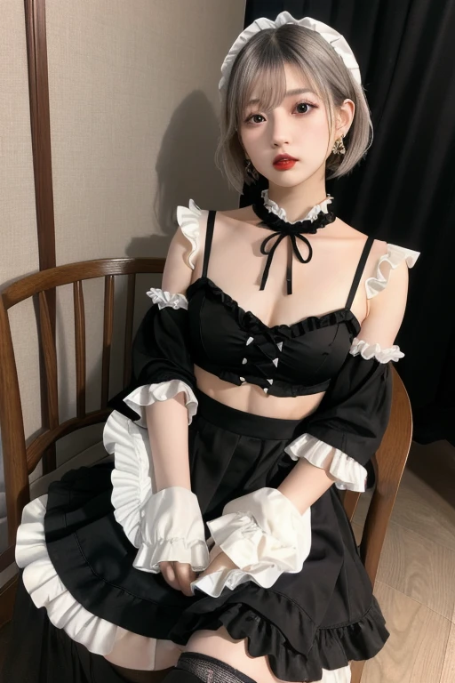 (8k, Realistic, RAW Photos, Highest quality: 1.4),A Japanese idol-like beautiful girl,model,1 person,18-year-old,(Short Bob),(Silver Hair :1.1),She has her hair tucked behind her ear,head band,Transparent grey eyes,Long eyelashes,(eye shadow(black)),eyeliner((black)),(Earrings(small)),(pale, Lifeless skin(Foundation)),(Lip gloss(scarlet :1.1)),thin long neck,Large Breasts,(Lace gloves(black)),(Gothic dress(Frills,Puffy long skirt :1.3)),(layer),(Fishnet tights),(Lace-up platform shoes),Sitting in a chair,(Legs in a V-shape),(A room background with Gothic-style heavy stone stained glass),Full body portrait