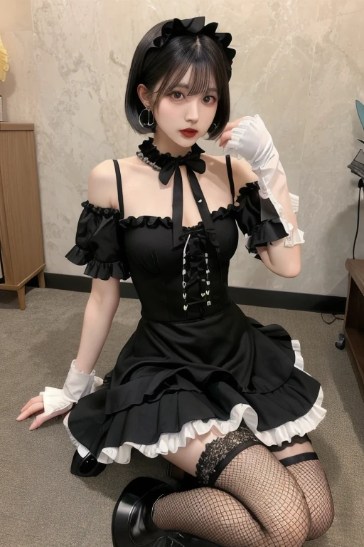 (8k, Realistic, RAW Photos, Highest quality: 1.4),A Japanese idol-like beautiful girl,model,1 person,18-year-old,(Short Bob),(Silver Hair :1.1),She has her hair tucked behind her ear,head band,Transparent grey eyes,Long eyelashes,(eye shadow(black)),eyeliner((black)),(Earrings(small)),(pale, Lifeless skin(Foundation)),(Lip gloss(scarlet :1.1)),thin long neck,Large Breasts,(Lace gloves(black)),(Gothic dress(Frills,Puffy long skirt :1.3)),(layer),(Fishnet tights),(Lace-up platform shoes),Sitting in a chair,(Legs in a V-shape),(A room background with Gothic-style heavy stone stained glass),Full body portrait