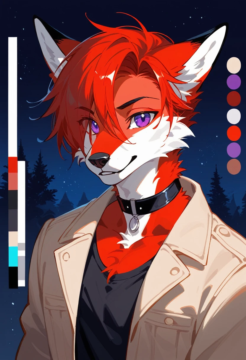 (Artist by zackary911, 8k, high quality, detailed eyes and fur, night, residents background), solo, male fox, anthro, red satured fur, red body, male body, purple eyes, black ears, red hair, short hair, hair cover eye, hands white, choker, eyeliner black, beige jacket, black shirt,. (masterpiece, ultra detailed, best quality)(style of RPG)(concept art, character sheet)absurdres, perfect anatomy(furry anthro),