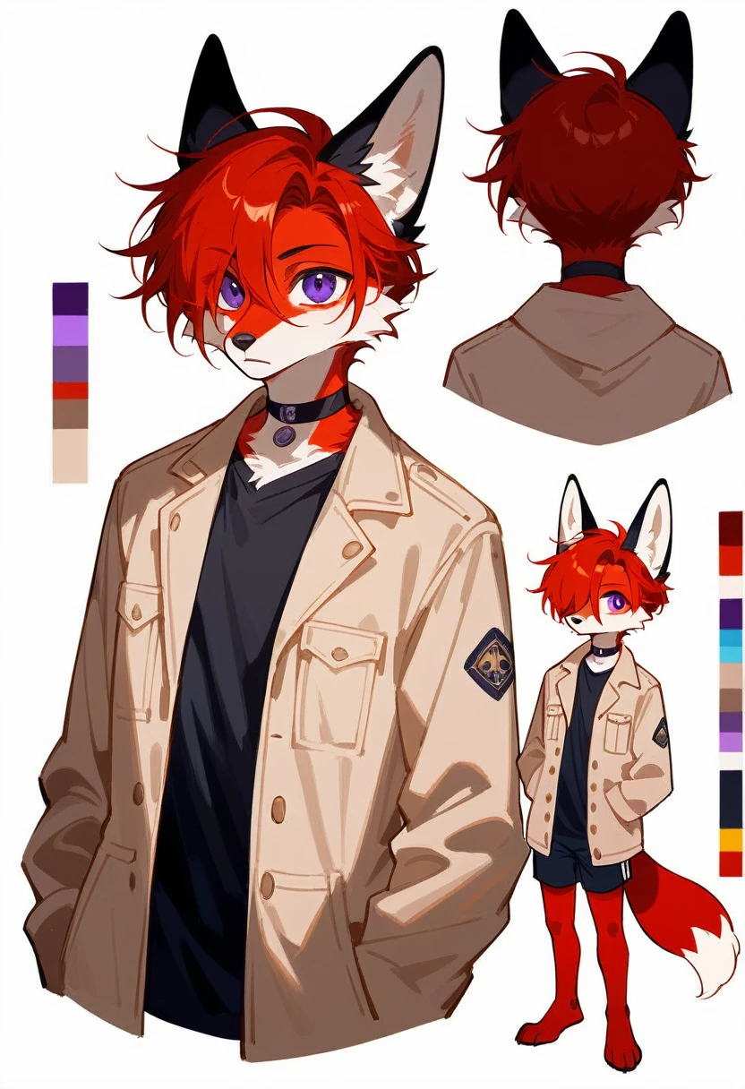 (Artist by zackary911, 8k, high quality, detailed eyes and fur, night, residents background), solo, male fox, anthro, red satured fur, red body, male body, purple eyes, black ears, red hair, short hair, hair cover eye, hands white, choker, eyeliner black, beige jacket, black shirt,. (masterpiece, ultra detailed, best quality)(style of RPG)(concept art, character sheet)absurdres, perfect anatomy(furry anthro),