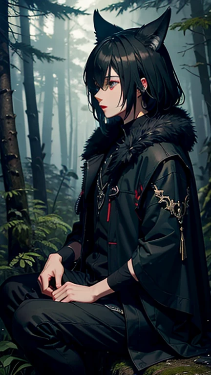 Darkness, one wolf, florest green,(masterpiece:1.2) (best quality) (detailed),1 boy,Solitary , rimuru tempest, LRD1, external, Forest fashion,Red lips,