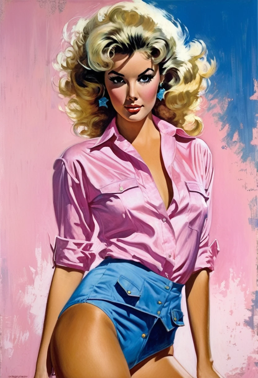 Picture of a woman in a pink shirt and panties, fixing a bouffant style of blonde curly hair, inspired by Robert McGinnis, Cobie Whitmore, fully clothed. picture of sexy, Robert McGinnis, with blue background, Glen Orbik, Bernie Fuchs, Roy Dalgarno, ( Art Fitzpatrick), Antonio Saura, Malcom Howie