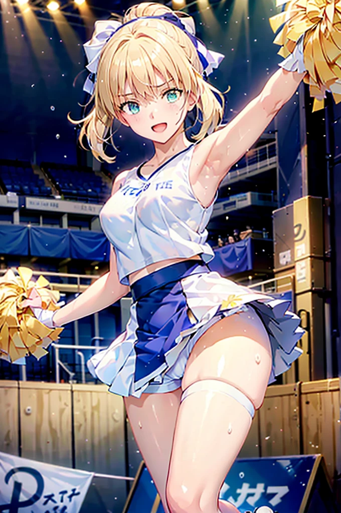 masterpiece, beautiful detail, beautiful light and shadow,Beautiful Anime Woman, Beautiful art style, Anime characters,1girl, solo,saber,blonde hair, short hair, hair ribbon, Cheerleader, (holding a pom pom:1.2),(sweat and dance hard:1.3),(Standing on one leg:1.2),(Hands up:1.2),Smile with open mouth,happy,(white sleeveless cheerleading shirt:1.3),(White panties visible through the skirt),wearing cheerleader outfit holding pom poms,stadium,dancing,posing for a photo,cheering up the crowd, close-up