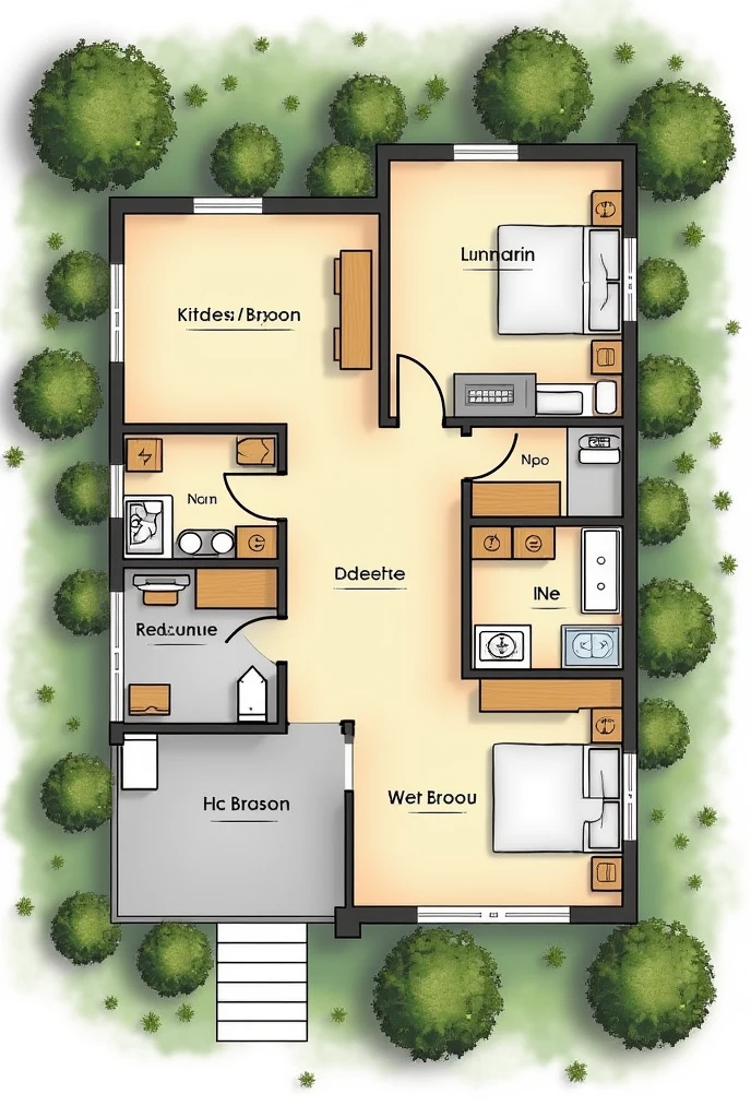 Plan d'une jolie maison arborée. Dimensions 10m de large et 14m de long. Composée de salon, 4 chambres, une cuisine, une douche, une toilette. Les légendes sont claire et en français. les mesures sont exprimée en mettre.