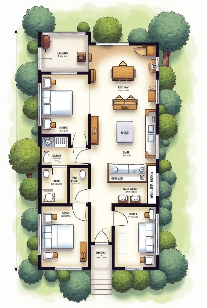 Plan d'une jolie maison arborée. Dimensions 10m de large et 14m de long. Composée de salon, 4 chambres, une cuisine, une douche, une toilette. Les légendes sont claire et en français. les mesures sont exprimée en mettre.