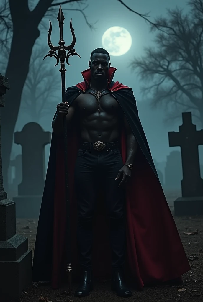 Black and handsome man , with black and red cover , cartola is a trident of four spears in the left hand , inside the cemetery 