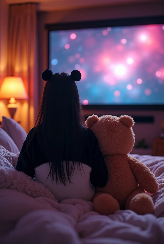 (photorealism:1.2), brown
indian woman, sitting on bed, wearing loss panda custum while sitting on a teddy bear , long black straight hair, indoors, soft lighting, watching anime on big movie theatre screen in background, room, relaxed pose, realistic anime , intricate details, dark colors.