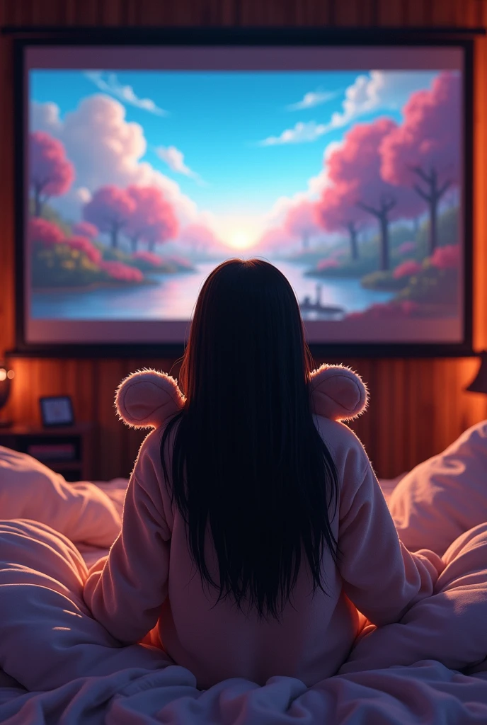 (photorealism:1.2), brown
indian woman, sitting on bed, wearing loss panda custum while sitting on a teddy bear , long black straight hair, indoors, soft lighting, watching anime on big movie theatre screen in background, room, relaxed pose, realistic anime , intricate details, dark colors.