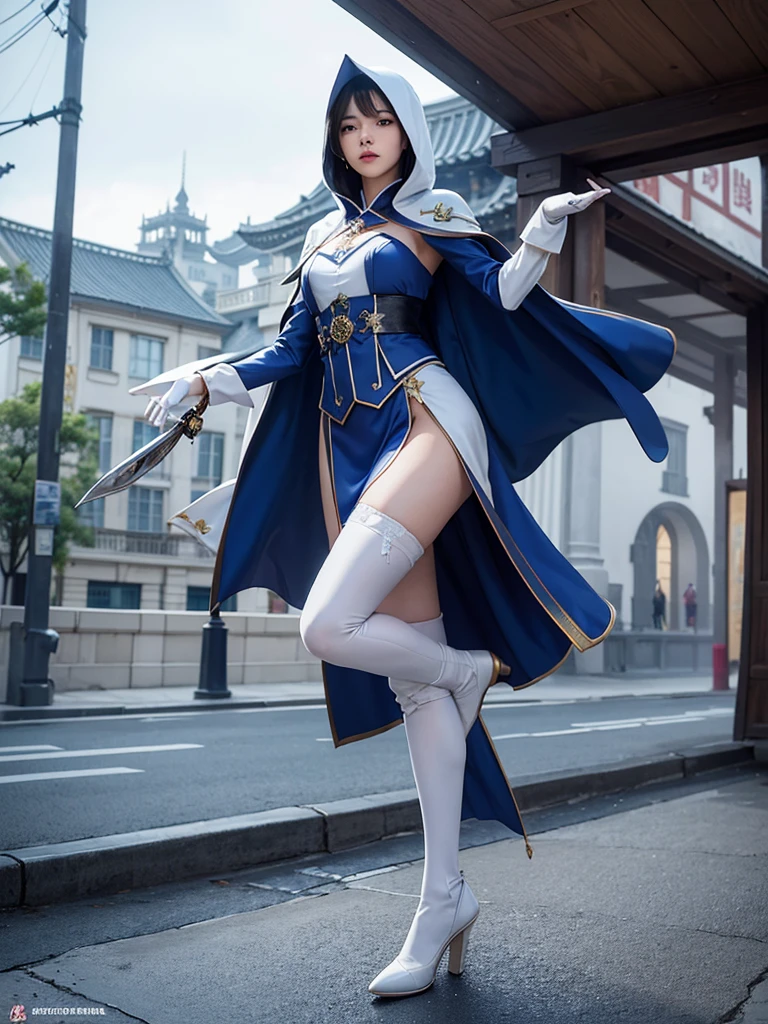 South korea asssassin's creed walk women mystery hooded on with modern royal Blue coat with buttons and royal Blue cape and very high white heel over the knee and white gloves, As she reveals a small secret hidden blade, adding to the characters mysterious, with small movements of air on the cape, in summer at night under the rain, with buildings featuring curved eaves and detailed architecture. sophisticated and highly detailed, ultra hd, realistic, hyper detailed, enhanced colours, ultra sharp focus, with vibrant, rich in details High quality, gorgeous, captivating, 8k, super detailed, stunning shadows, detailed lines, blood stain on clothes and walls, corpses in the street recently murdered