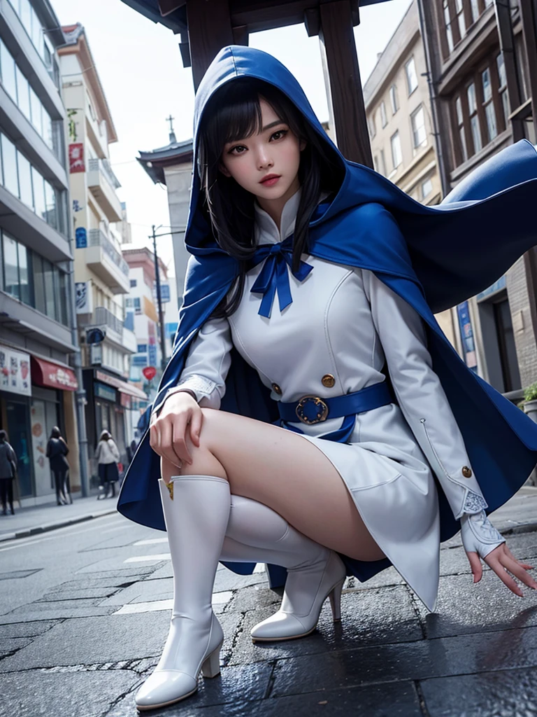 South korea asssassin's creed walk women mystery hooded on with modern royal Blue coat with buttons and royal Blue cape and very high white heel over the knee and white gloves, As she reveals a small secret hidden blade, adding to the characters mysterious, with small movements of air on the cape, in summer at night under the rain, with buildings featuring curved eaves and detailed architecture. sophisticated and highly detailed, ultra hd, realistic, hyper detailed, enhanced colours, ultra sharp focus, with vibrant, rich in details High quality, gorgeous, captivating, 8k, super detailed, stunning shadows, detailed lines, blood stain on clothes and walls, corpses in the street recently murdered