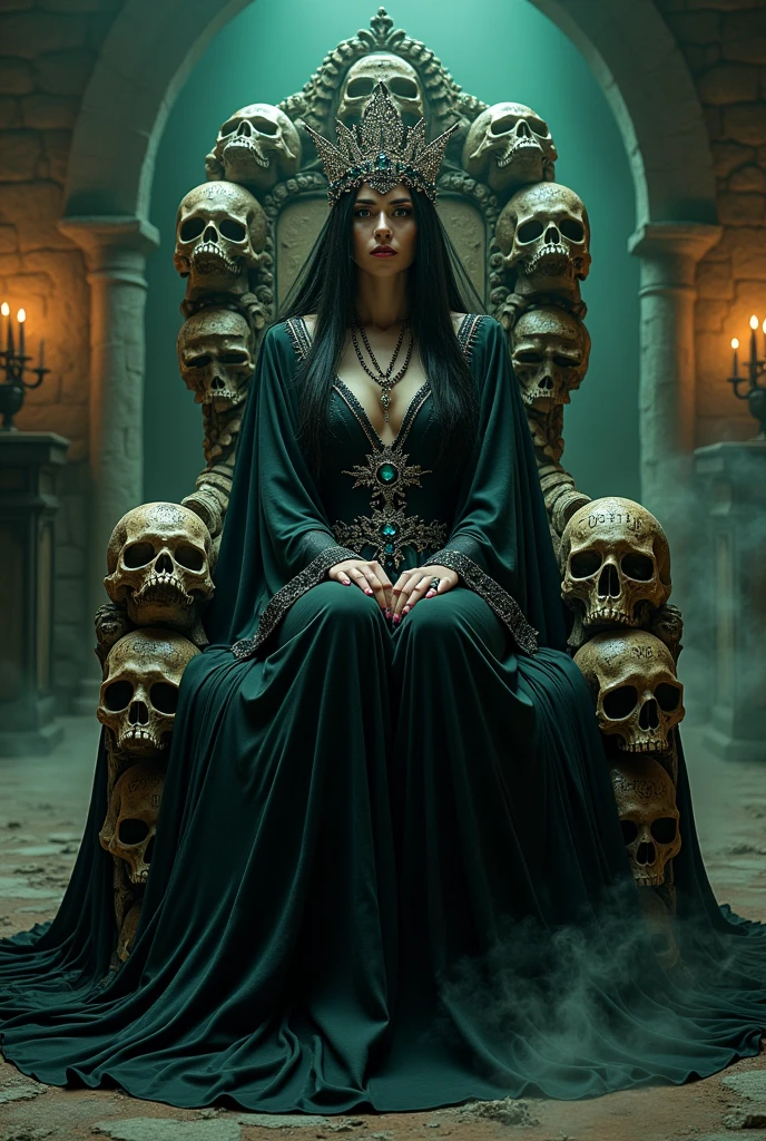 generate image of a powerful witch sit on the throne made of skulls worn a crown
