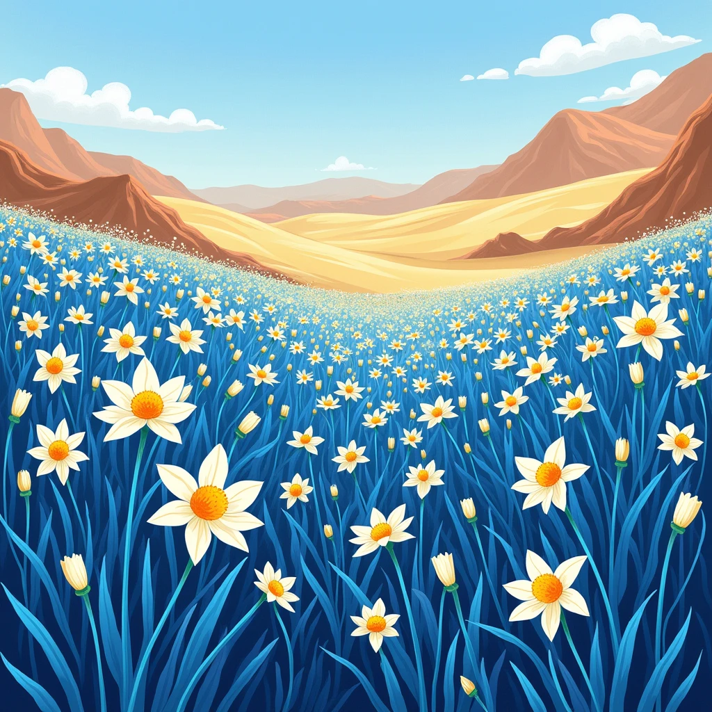 closeup of a valley of blue and white daffodils, inspired by Henri Matisse, symmetric matte painting, detailed scenery , style raw, 8 k ultra detailed, environment design illustration, scenery art detailed, concept-art, 4k highly detailed digital art, 4 k digital painting, 4k digital painting, stunning digital illustration, Desert background, digital painting concept art, Detailed digital painting