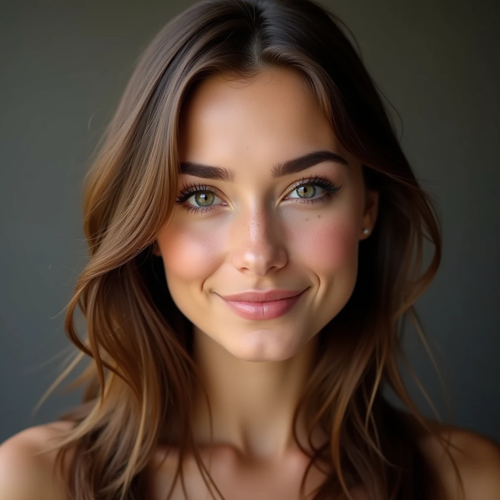 The face of a beautiful 27-year-old woman with long brown hair
