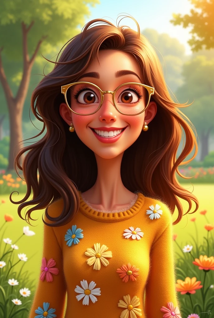 pixar type caricature, of a woman with a tanned complexion, loose wavy brown hair, who wears gold glasses and a daisy sweater