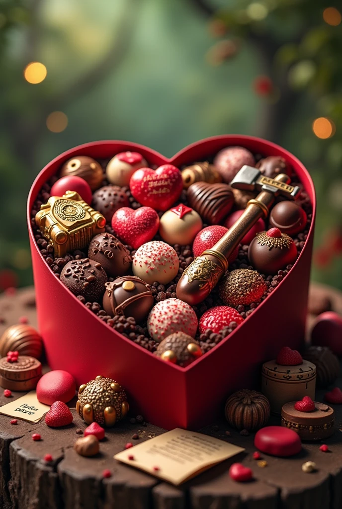 Make an image with a love and Warcraft theme that has the text: "15th of Mesario" in Spanish. That they look like heart-shaped boxes of chocolates, custody, keg of beer, letters and weapons/ hachas that represent World of Warcraft