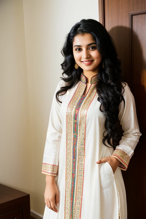 Photograph of a girl, 25 year old, wearing salwar and suit, curly long black hair and a little smile on her face.