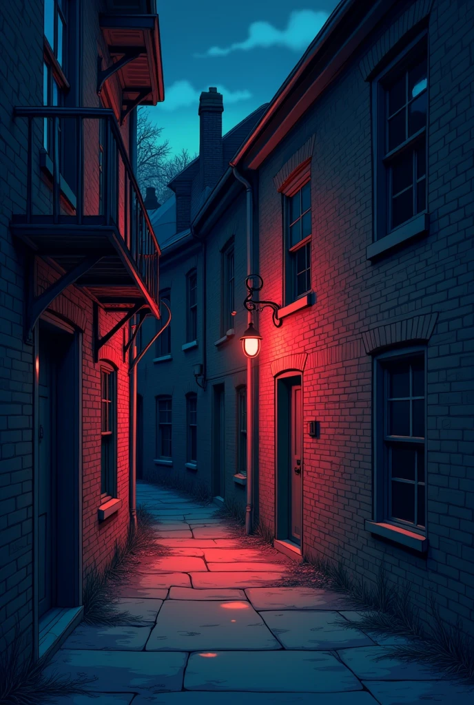 Photo of simple, narrow, winding ,old, abandon alleyway with broken old concrete path, brick walls with 3 dark windows and fire escape, one point perspective. Very dark night time, dark deep blue, with red lighting contrast. Cartoon style