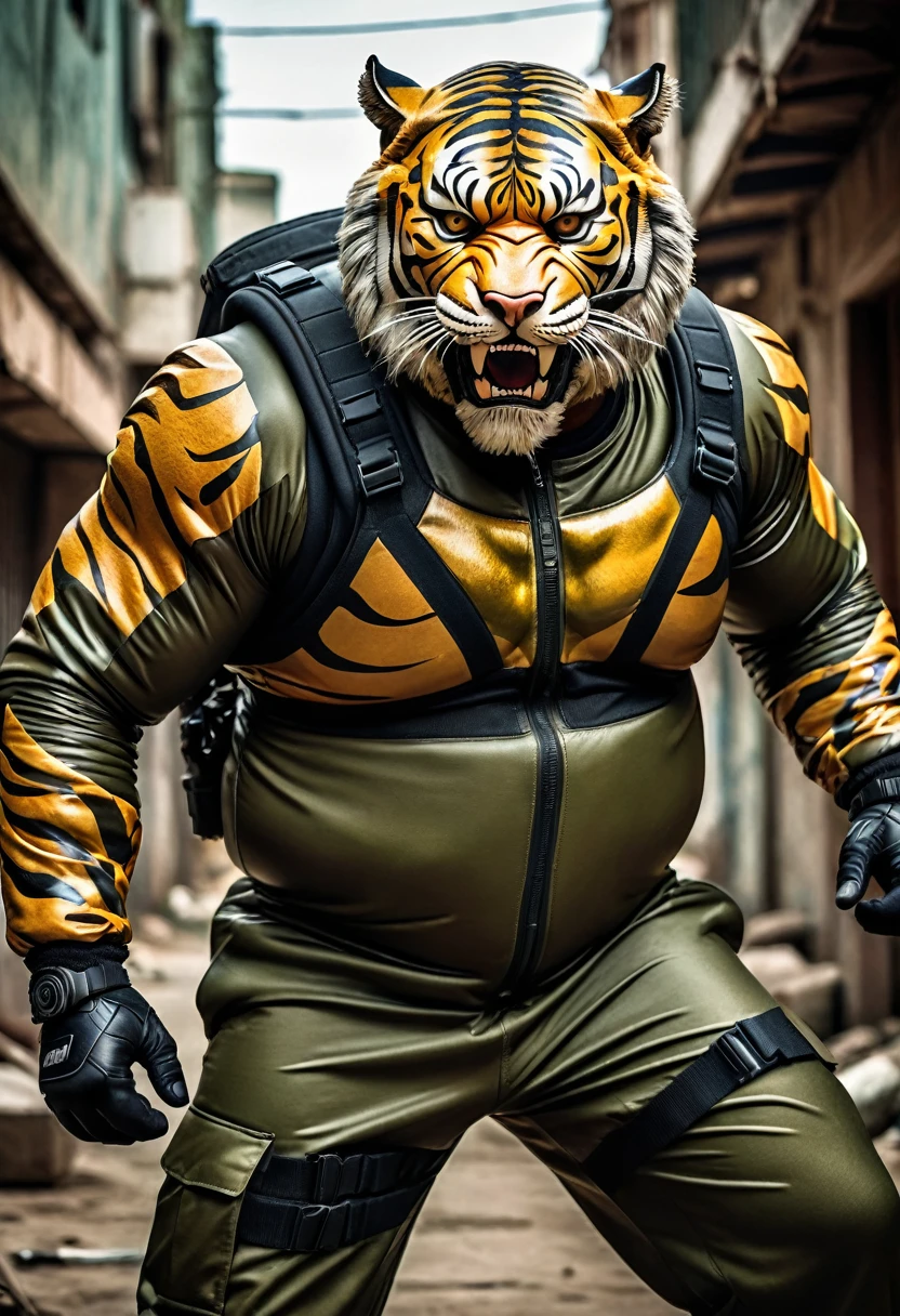 (a dark-skinned fat muscular old man in a bulky army camouflage zipper diver suit) carrying an AK-47, (wearing realistic roaring tiger mask), dynamic action pose, fierce expression, showcasing an imposing stature, surrounded by military elements, dramatic shadows and intense highlights, cinematic color tones, high detail, powerful, art influenced by Bruce Onobrakpeya and Stanley Artgerm, ultra-detailed, best quality image, action-packed atmosphere. fighting stance
