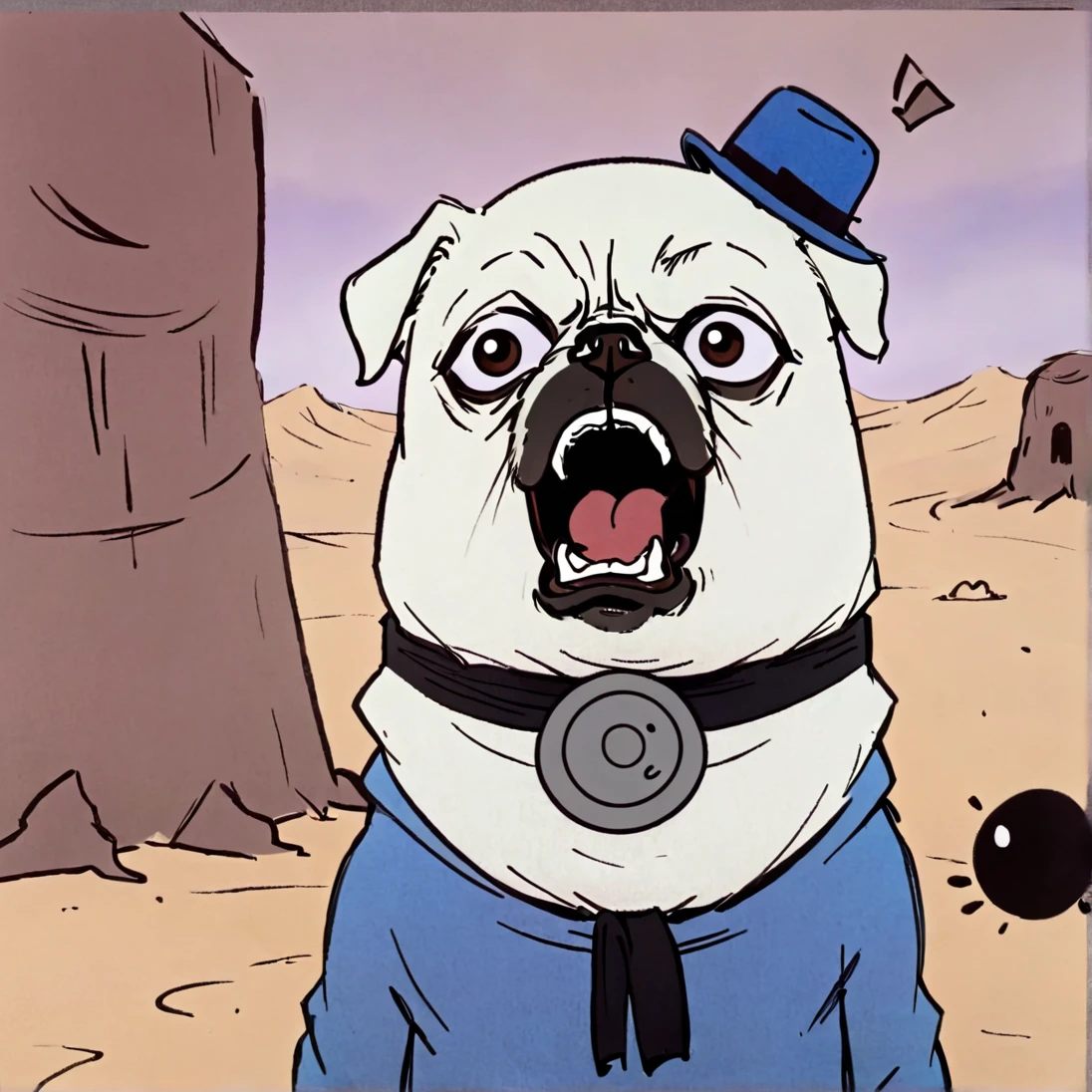 White Spike Beetle, Circle Eye, Pug Mouth, open mouth, looking at viewer, angry and Yelling, Rage, Fez Hat, blue tracksuit, Black scarf,  by Guillaume Renard and Kaeit VanDorn \(skchkko\) looking at viewer, Desert, Style of MFKZ, dramatic motion lines