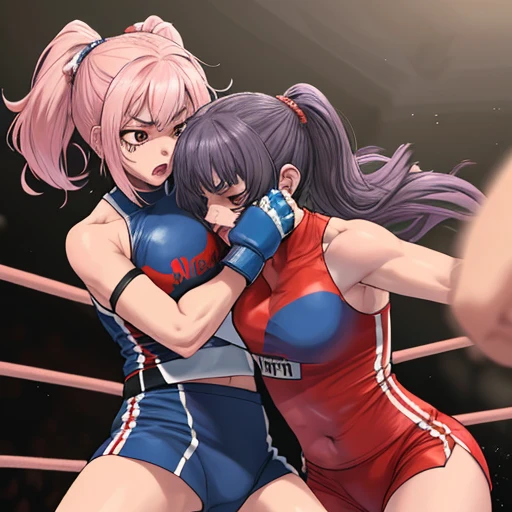 Her punches are biting into her opponent's gut.