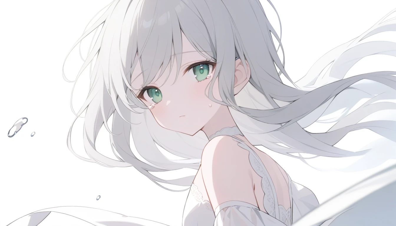 Pale gray hair Slightly bluish, Dark green eyes Eyes wide open White choker Expressionless Tears running down my cheeks Looking into the camera look back A white dress with thin white lace A little free time Flowing Tears