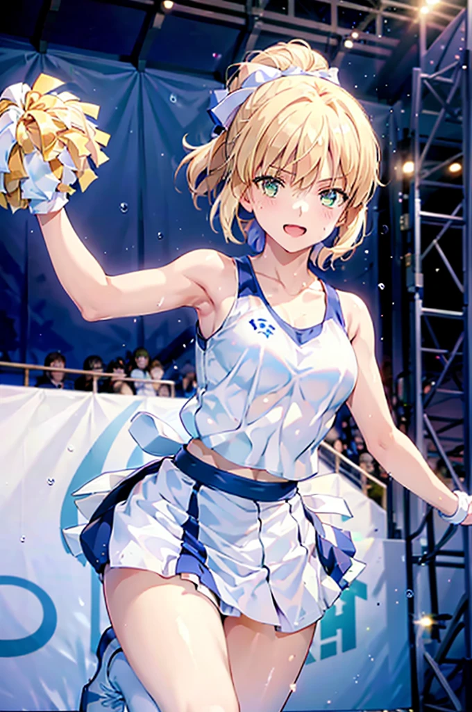 masterpiece, beautiful detail, beautiful light and shadow,Beautiful Anime Woman, Beautiful art style, Anime characters,1girl, solo,saber,blonde hair, short hair, hair ribbon, Cheerleader, (holding a pom pom:1.2),(sweat and dance hard:1.3),(Standing on one leg:1.2),(Hands up:1.2),Smile with open mouth,happy,(white sleeveless cheerleading shirt:1.3),(White panties visible through the skirt),wearing cheerleader outfit holding pom poms,stadium,dancing,posing for a photo,cheering up the crowd, close-up