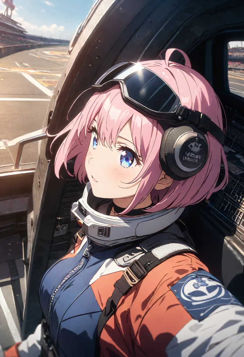 (Highest quality, 4K, 8k, High resolution, masterpiece:1.2), Very detailed, Picturesque, Anime style photo, Photo Anime:1.37)、Japanese、(Pink hair)、(pixie cut)、Aircraft carrier deck、Black choker、fighter pilot suit、She has a pilot helmet with a single fleur-de-lis on it.、Panoramic view、Nakano Ichika